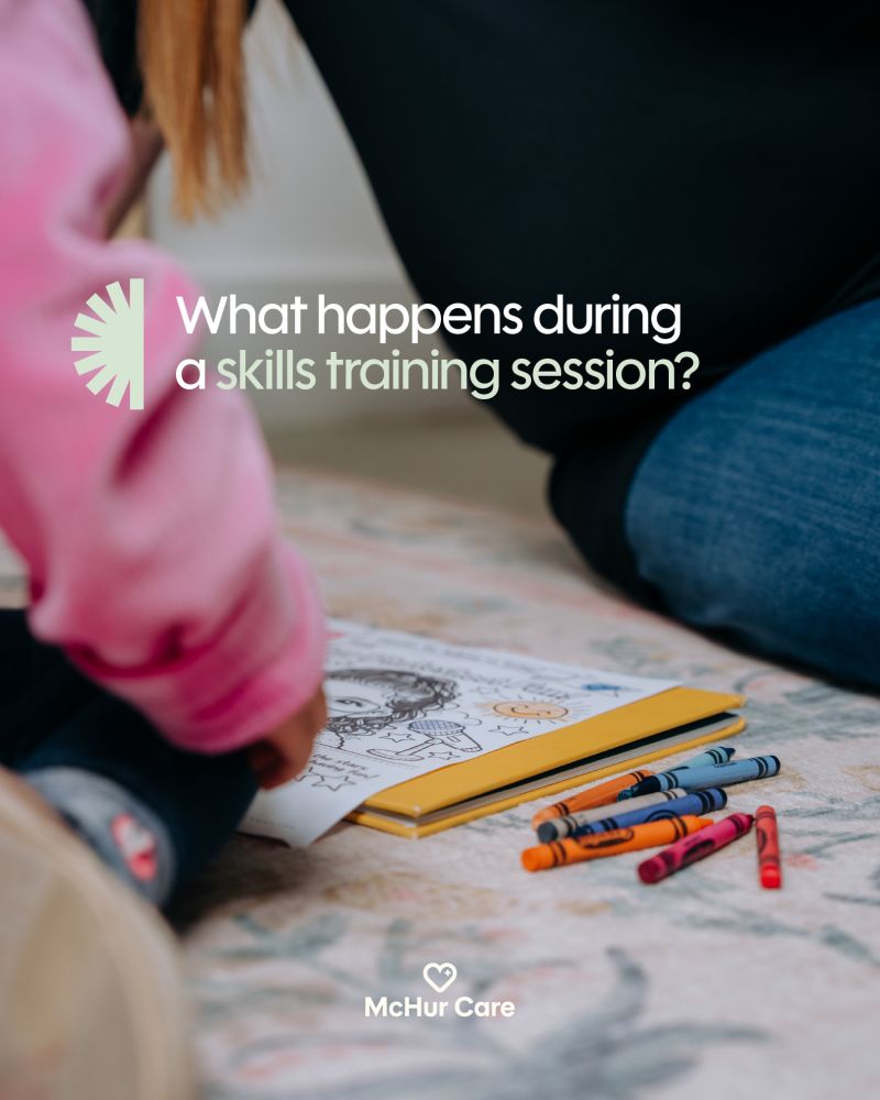 McHur Care skills training session with child-focused activities and crayons
